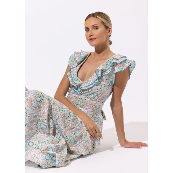 Poupette St Barth Long Dress Della Aqua Ceramique Embroidered Cotton XS - Picture 11 of 11